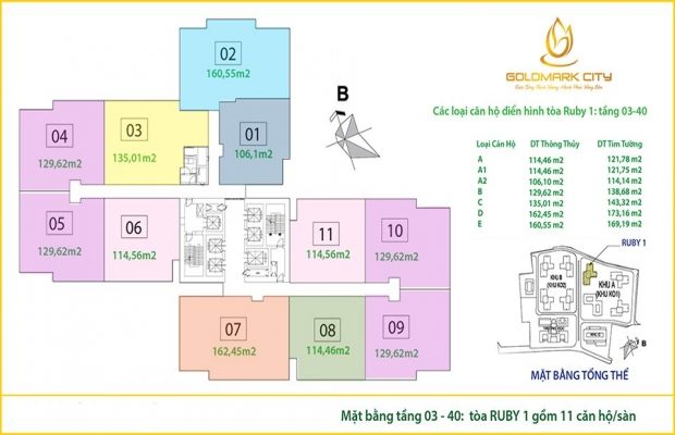 Mặt bằng tòa Ruby 1 chung cư Goldmark City